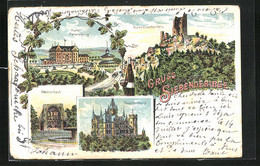 Lithographie Siebengebirge, Heisterbach, Hotel Petersberg, Ruine Drachenfels - Petersberg