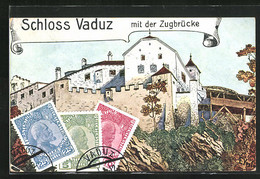 Künstler-AK Vaduz, Schloss Mit Zugbrücke, Briefmarken - Liechtenstein