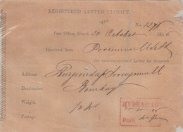 India 1856  QV Period  Hyderabad  Hanstruck 2 Pies Postmark On Regd Letter Receipt To Bombay  #  29100 D  Inde Indien - 1854 Compañia Británica De Las Indias