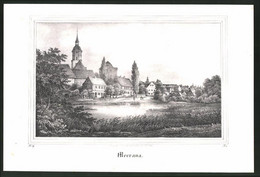 Lithographie Merrane, Teich Gegen Kirchturm, Lithographie Um 1835 Aus Saxonia, 28 X 19cm - Lithographies