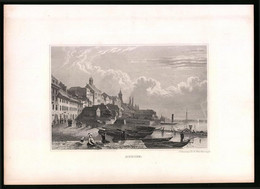 Stahlstich Murten, Ortsansicht Mit Angelegten Booten, Stahlstich Um 1835 Henry Winkles - Estampes & Gravures