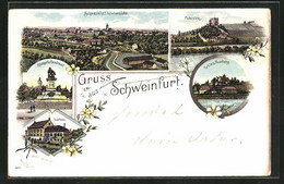 Lithographie Schweinfurt, Saalbau, Markt Mit Rückert-Denkmal, Peterstirn - Schweinfurt