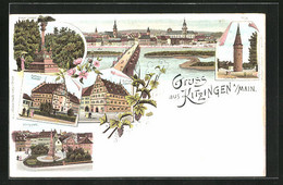 Lithographie Kitzingen A /Main, Rathaus Nordseite, Königsplatz, Krieger-Denkmal - Kitzingen