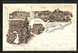 Lithographie Clausthal-Zellerfeld, Sanatorium Schwarzenbach, Akademie, Spiegelthaler Wasserfall - Clausthal-Zellerfeld