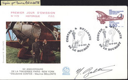 Enveloppe 1er Premier Jour FDC 50e Anniversaire Traversée Paris New York Signature Maurice Bellonte Avion Aviation - Sonstige & Ohne Zuordnung