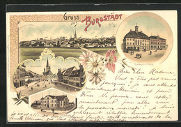 Lithographie Burgstädt I.S., Turnhalle, Rathaus & Schule, Marktplatz - Burgstädt