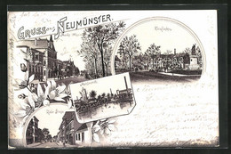 Lithographie Neumünster, Kieler Strasse, Markt, Mühlenteich - Neumuenster