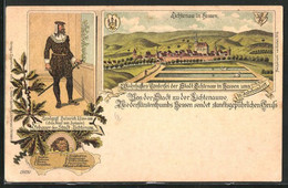 Lithographie Lichtenau / Hessen, Ortsansicht Anno 1600, Landgraf Heinrich I. - Lich