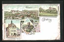 Lithographie Colditz, Rathaus, Ortsansicht - Colditz