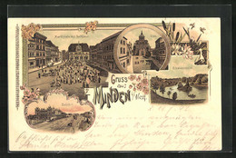 Lithographie Minden I /Westf., Marktplatz Mit Rathaus, Bahnhof, Schwanenteich - Minden