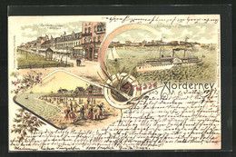 Lithographie Norderney, Kaiserstrasse Von Südwesten, Dampfer Najade, Weststrand - Norderney