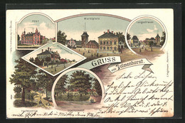 Lithographie Delmenhorst, Gasthaus Schützenhof, Langestrasse, Bürgerschule - Delmenhorst