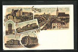 Lithographie Wurzen, Jäger-Kaserne, Wasserthurm, Post - Wurzen