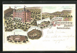 Lithographie Soden-Salmünster, Sanatorium Stolzenberg, Kurhaus Und Solbad, Villa Vitriarius Mit Salzsprudel - Bad Soden