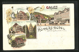 Lithographie Bad Grund I /Harz, Römer`s Hôtel, Villa Römer, Kaiser-Denkmal Am Hübichenstein - Bad Grund