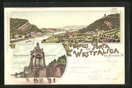 Lithographie Porta Westfalica, Kaiser Wilhelm Denkmal, Panoramablick Auf Den Ort - Porta Westfalica