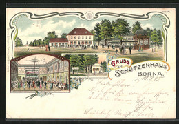 Lithographie Borna, Gasthof Schützenhaus, Saal, Garten - Borna