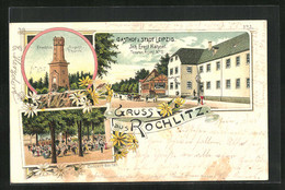 Lithographie Rochlitz, Gasthof Stadt Leipzig, Friedrich-August-Turm, Concert-Garten - Rochlitz