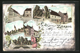 Lithographie Zörbig, Kirche, Schloss, Kriegerdenkmal - Zörbig