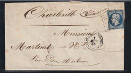 N° 14 Ab Bleu Noir SUR LAC /  PC 605  LA CAPELLE EN THIERACHE Pour CHARLEVILLE  - 2 AVRIL 1856    - REF 32/39 - 1849-1876: Période Classique