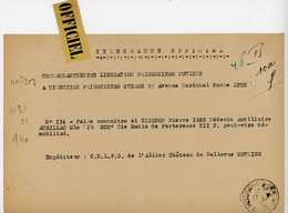 ALLIER TELEGRAMME OFFICIEL GUERRE 1945 MOULINS VOIR LE SCAN - 1921-1960: Période Moderne