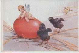 "Pâques Joyeuses . ANGE Aux Ailes De Papillon Sur Oeuf De Pâques Rouge Et Poussins Noirs - Angels