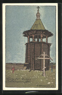 Künstler-AK Sign. Bilibin: Hölzerner Glockenturm, Rotes Kreuz Russland - Rode Kruis
