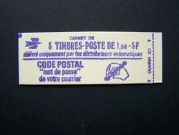 1892-C1a CARNET NUMEROTE FERME 5 TIMBRES MARIANNE DE BEQUET 1,00 ROUGE CODE POSTAL - Moderni : 1959-…