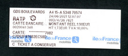 Reçu De Ticket De Metro, Bus - Paris Station Grands Boulevards 2021 - RATP - Train Ticket - Europe