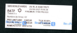 Reçu De Ticket De Metro, Bus - Paris Station Grands Boulevards 2021 - RATP - Train Ticket - Europa