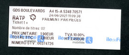 Reçu De Ticket De Metro, Bus - Paris Station Grands Boulevards 2021 - RATP - Train Ticket - Europe