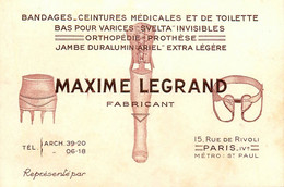 Paris 4ème * Maxime LEGRAND Fabricant Bandages Ceintures Médicales , 15 Rue De Rivoli * Carte De Visite Ancienne - Paris (04)