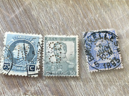 BELGIQUE-BELGIE-3 STAMPS TIMBRATO Perforé-Perforés,Perfin Perfins,Perforatis,Perforato, Perforated, Perforata,Durchlöche - 1909-34