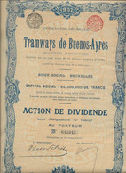 COMPAGNIE GENERALE DE TRAMWAYS DE BUEBOS - AYRES  - ACTION DE DIVIDENDE -ANNEE 1907 - Spoorwegen En Trams