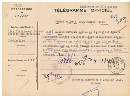 ALLIER TELEGRAMME OFFICIEL GUERRE 1944 LA MADELEINE VOIR LE SCAN - 1921-1960: Période Moderne
