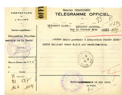 ALLIER TELEGRAMME OFFICIEL GUERRE 1944 MOULINS VOIR LE SCAN - 1921-1960: Période Moderne