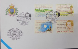 A) 1998, SAN MARINO, GIACOMO LEOPARDI WRITER, FDC, BICENTENNIAL OF HIS BIRTH: THE INFINITY, THE VILLAGE SATURDAY, NIGHT - Cartas & Documentos