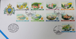 A) 1997, SAN MARINO, DISTRICTS, FDC, ACQUAVIVA, BORGOMAGGIORE, CHIESANUOVA, DOMAGNANO, FAETANO, FIORENTINO, MONTEGIARDIN - Lettres & Documents