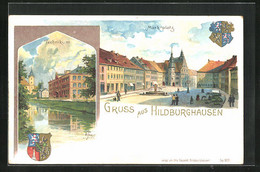 Lithographie Hildburghausen, Marktplatz, Technikum, Wappen - Hildburghausen