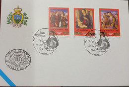 A) 1994, SAN MARINO, CHRISTMAS, FDC, CENTENARY OF THE DEATH OF GIOVANNI SANTI 1,440-1,494, ANGELS, MADONNA AND CHILD, XF - Storia Postale