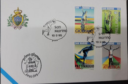 A) 1995, SAN MARINO, SPORTS EPHEMERIS, FDC, JUNIOR WORLD CYCLING CHAMPIONSHIP, VOLLEYBALL CENTENARY, WORLD SPEED SKATING - Lettres & Documents