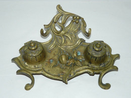 BEL ENCRIER Double En BRONZE PORTE PLUME DECOR FLORAL STYLE ART NOUVEAU Collection Déco Bureau Vitrine - Inktpotten