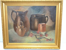 TABLEAU HST NATURE MORTE Signée DAUDOU CADRE BOIS Doré XXe Peinture  COLLECTION Déco VITRINE - Olii