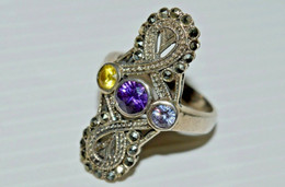 BELLE ANCIENNE BAGUE MARQUISE ARGENT 925e & MINERVE 3 PIERRES Et Marcassites XXe - Anillos