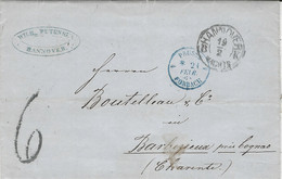 1868- Lettre D' HANNOVER  Pour Cognac  -Taxe 6 D.  Entée  PRUSSE 4 FORBACH 4 Bleu - Marques D'entrées