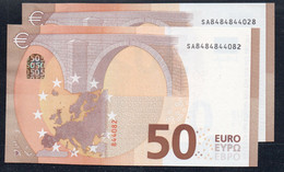 2 X 50 EURO ITALIA  SA  S024H5 ALL EVEN NUMBERS  Ch. "48"  - DRAGHI   UNC - 50 Euro