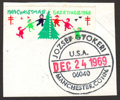 FDC Cut Postmark / Manchester Connecticut / CHRISTMAS Tree 1969 USA TBC Tuberculosis Charity Label Cinderella Vignette - Souvenirkarten