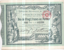 EXPOSITION UNIVERSELLE De PARIS 1900 - BON De VINGT FRANCS Au Porteur - 1896 - Imprimerie CHAIX - Tourisme