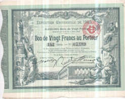 EXPOSITION UNIVERSELLE De PARIS 1900 - BON De VINGT FRANCS Au Porteur - 1896 - Imprimerie CHAIX - Turismo