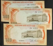 Lot Of 03 South Viet Nam Vietnam 500 Dong Tiger UNC Consecutive Banknote Notes 1972 - Pick # 33 - Viêt-Nam